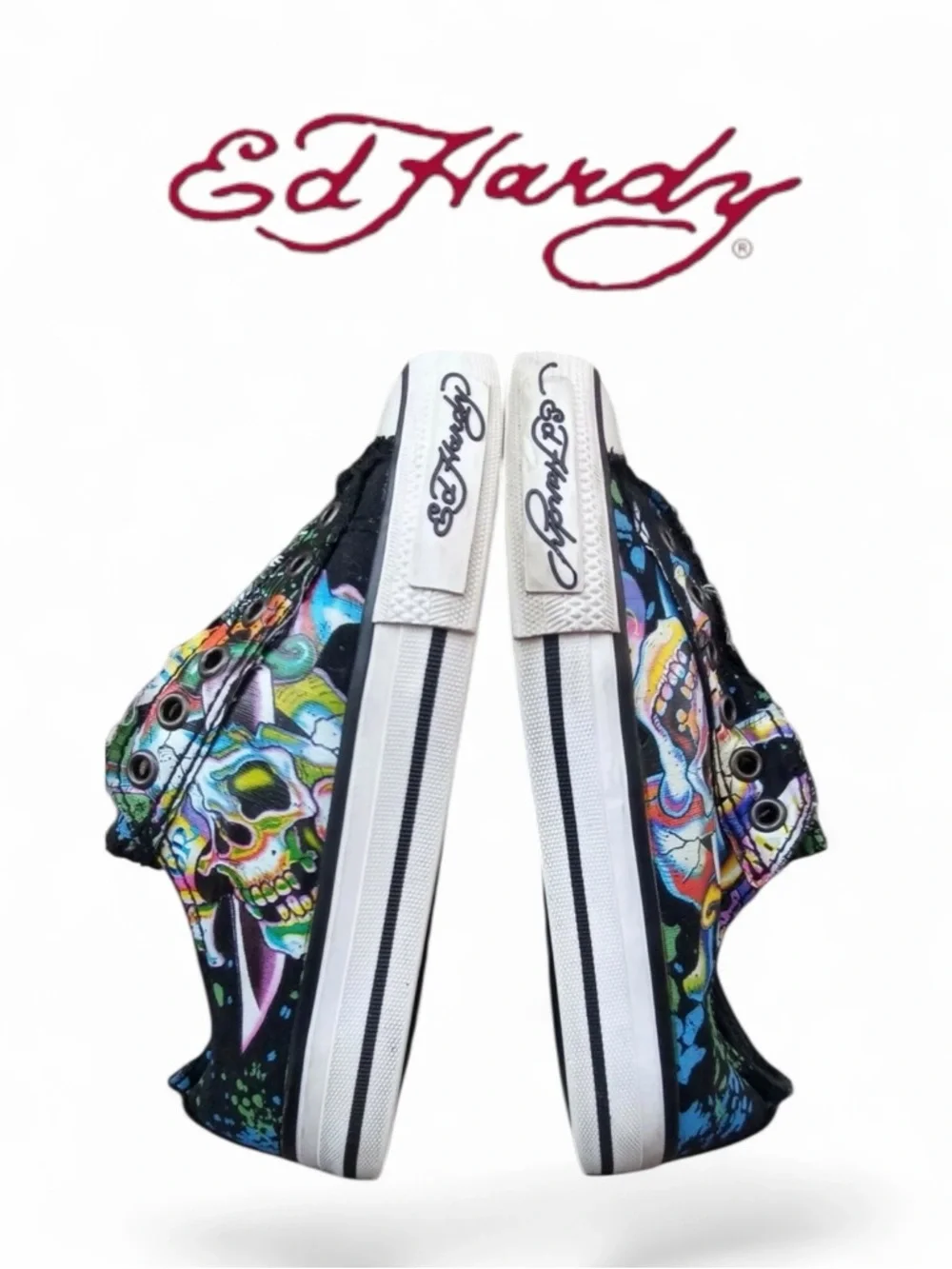 Ed Hardy Distressed Skull Dagger Laceless Low-Top Canvas Sneakers - Size 9